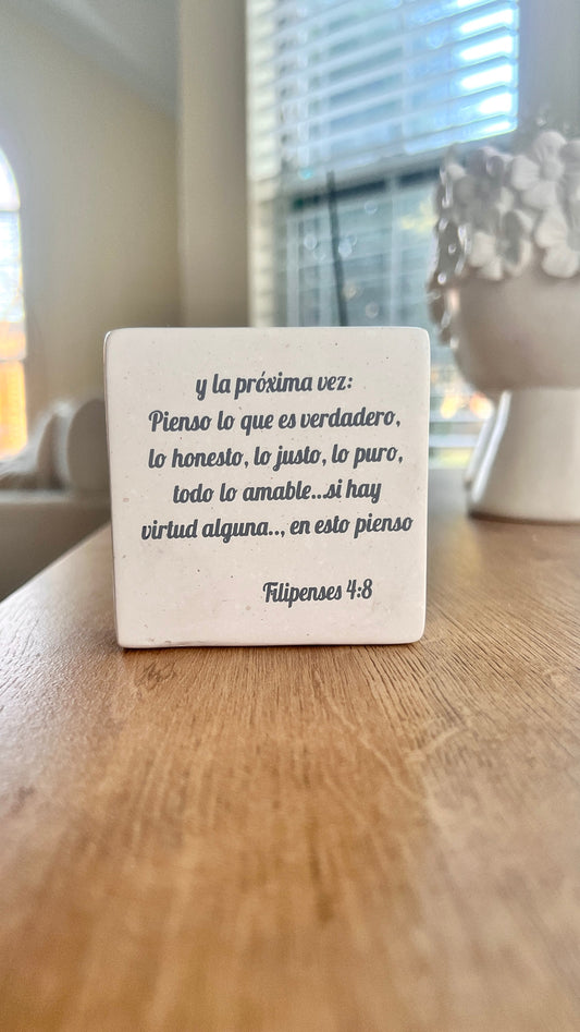 Hand-Carved Soapstone Scripture 2" by 2" - Bible Verse Filipenses 4:8 - Español