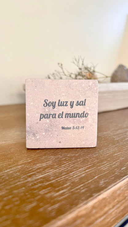 Hand-Carved Soapstone Scripture 3" by 3" - Bible Verse Mateo 5:13-14 - Español