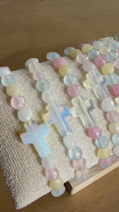 Hand Made "Candy Agate" Stone Bracelet with Opal Cross
